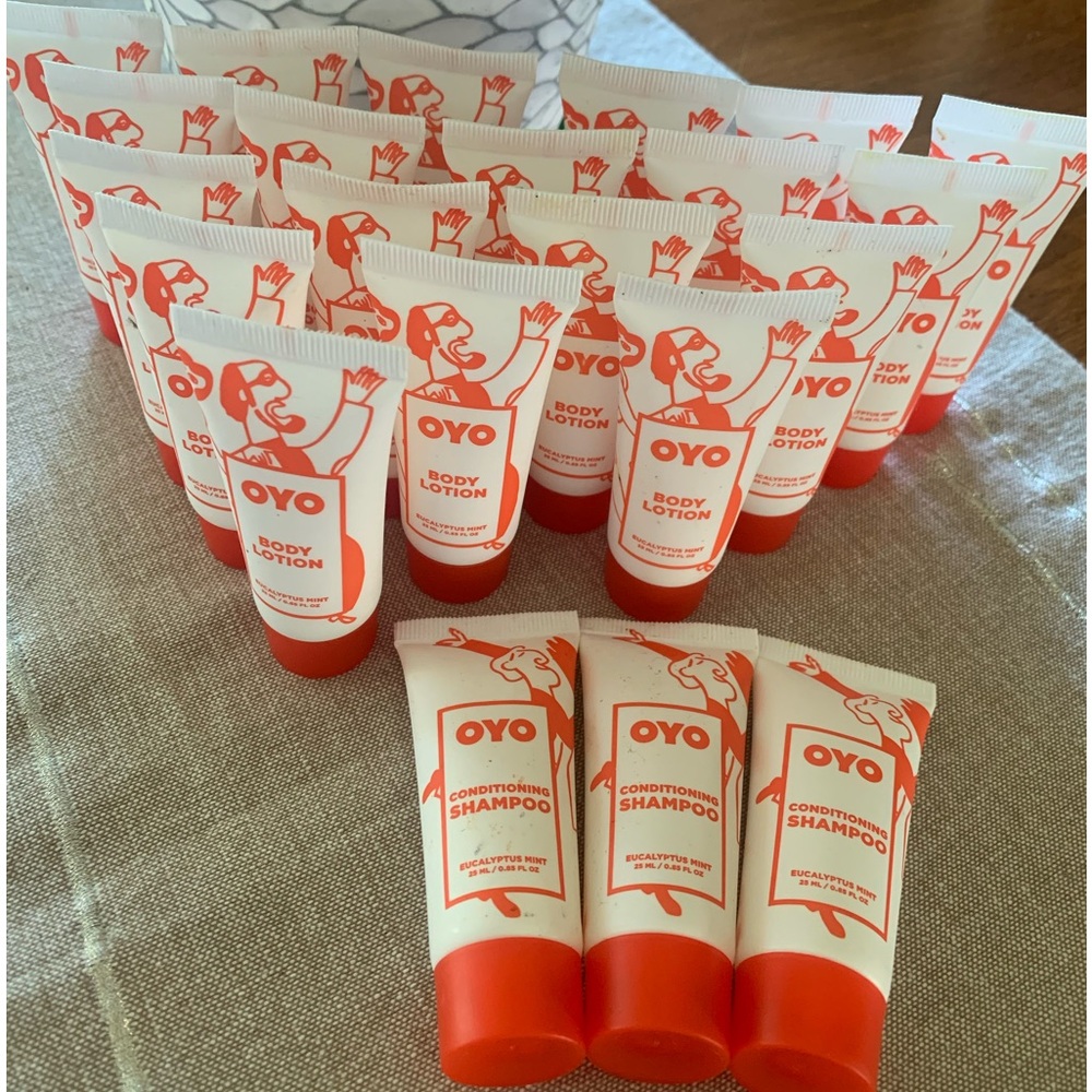 22 pieces OYO Eucalyptus Mint .85oz Travel Size Hotel 19 Body Lotion + 3 shampoo